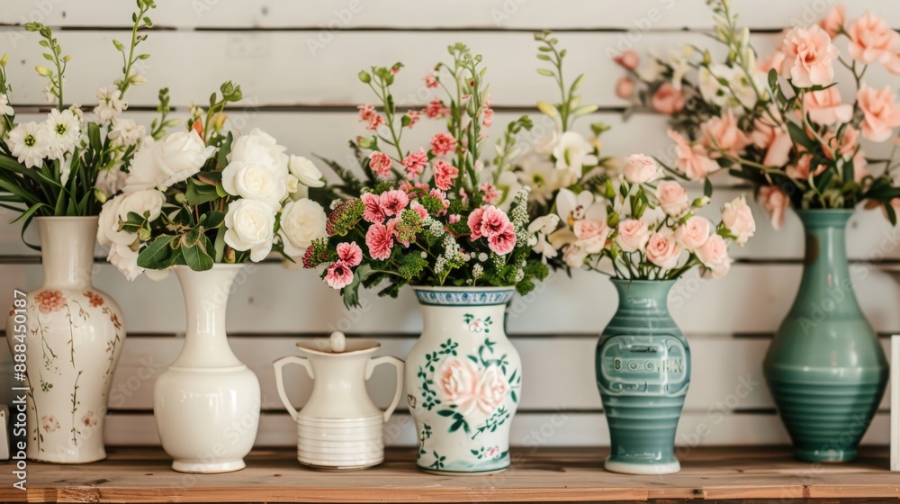 Fototapeta premium Beautiful floral arrangements in vintage vases displayed on wooden shelf against white rustic wall background.