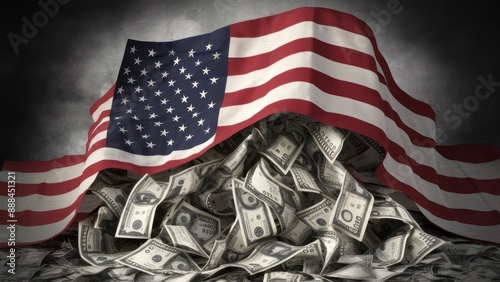 American Flag Draped Over Pile of US Dollar Bills