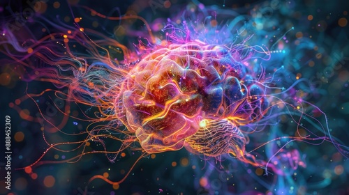 Glowing intricate neural network resembling a human brain with colorful light trails on a dark background photo