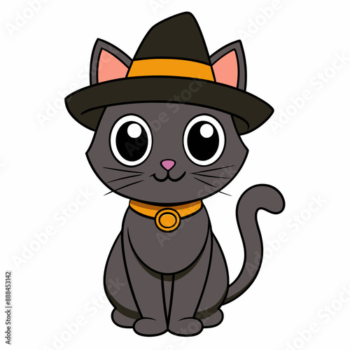 cute cartoon Halloween black cat in hat vector art illustration