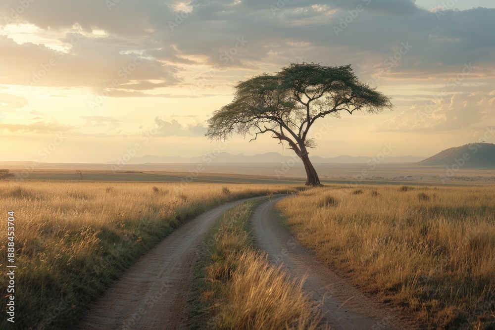 Solitary Tree on a Dirt Road in the African Savanna Solitary Tree on a Dirt Road in the African Savanna