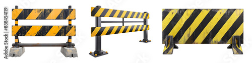 Yellow and black caution stripes on a metal barriers on transparent background