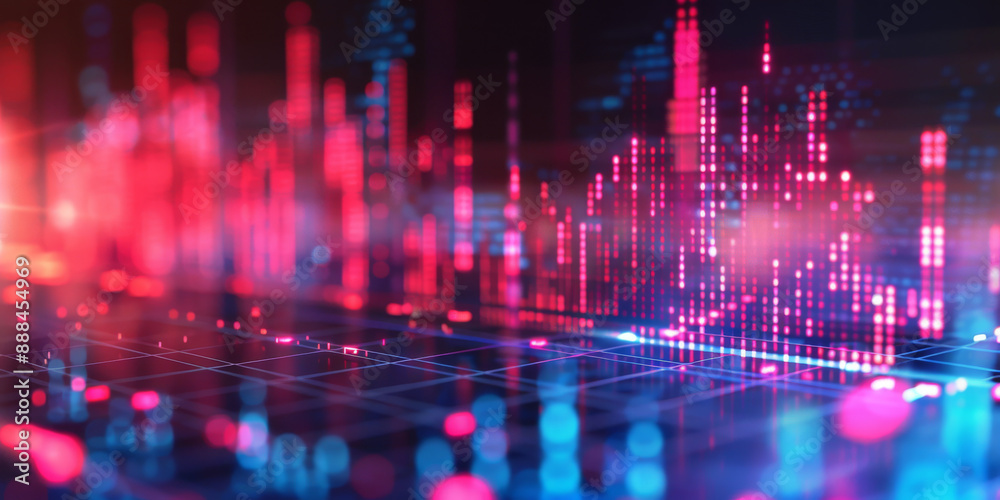 Obraz premium Creative growing forex chart on blue bokeh grid background. Trade, money, finance and success concept. 3D Rendering.