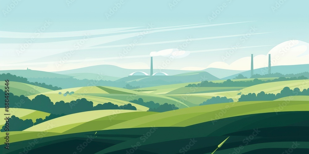 Picturesque countryside landscape with rolling green hills and distant factory Picturesque countryside landscape with rolling green hills and distant factory