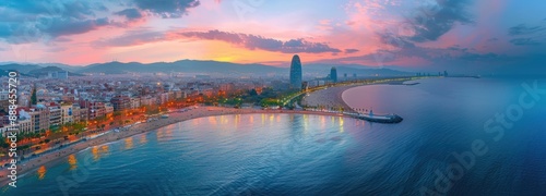 Barcelona Beach at Sunset: An Aerial View