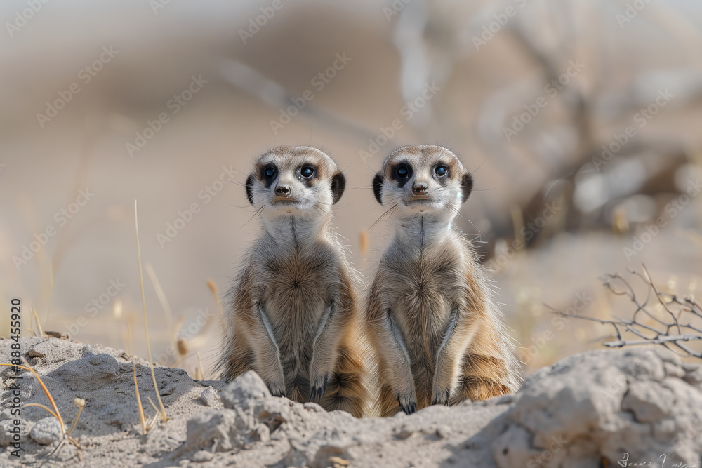 Fototapeta premium Two Meerkats Guarding Their Burrow in National Park