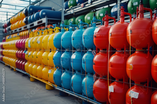 A Rainbow of Propane Tanks Stored in a Warehouse