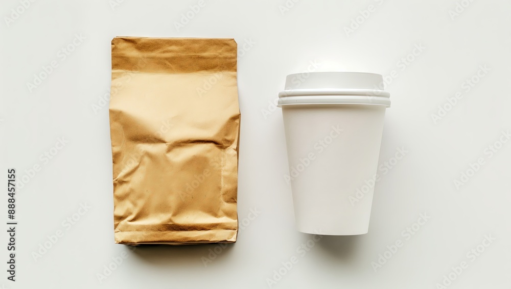Coffee Cup and Brown Bag on White Background Coffee Cup and Brown Bag on White Background