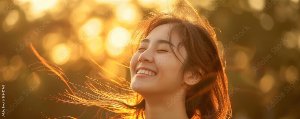 Portrait of a happy carefree young Asian woman outdoors.