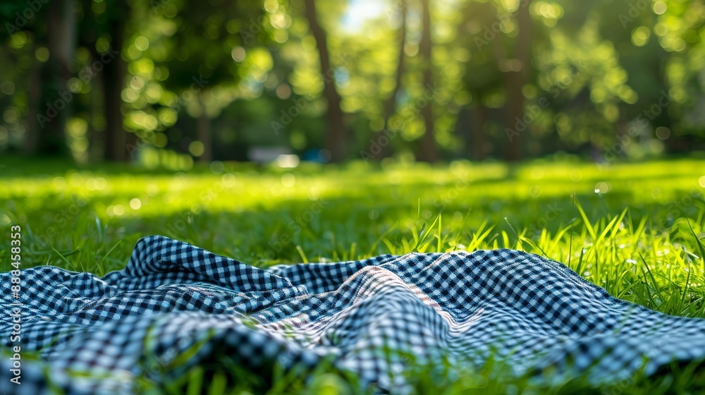 A picnic table cloth with checkered print is spread over lush green grass in the open air. A picnic table cloth with checkered print is spread over lush green grass in the open air.