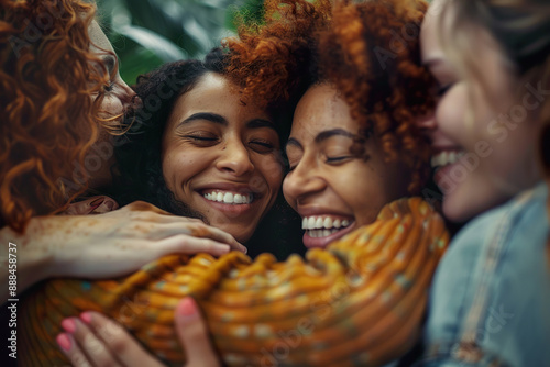 Three women hug each other, smiling and laughing