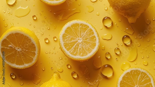 Freshly sliced lemons on vibrant yellow background with water drops. Summer, citrus, vitamin C concept.
