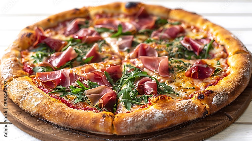 prosciutto and arugula pizza cut out on an isolated simple minimalist background prosciutto and arugula pizza cut out on an isolated simple minimalist background