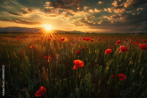 Poppy Field Sunset with Sunrays