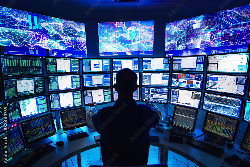 A man is sitting in front of a computer monitor with many screens A man is sitting in front of a computer monitor with many screens