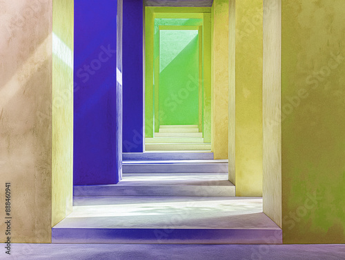 Vivid Architectural Hallway with Brightly Colored Walls and Shadows Creating Depth and Dimension
