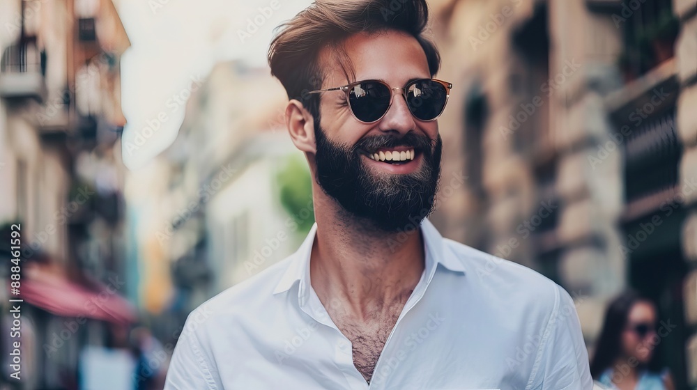 A stylish young man with a beard and sunglasses smiles while standing on a street, wearing a white shirt. A stylish young man with a beard and sunglasses smiles while standing on a street, wearing a white shirt.