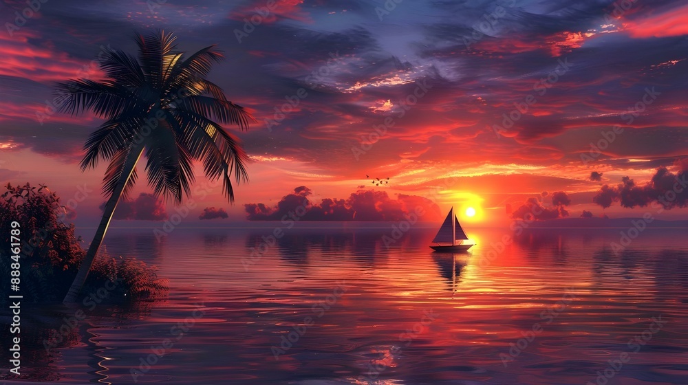Scenic sunset over a body of water with a palm tree