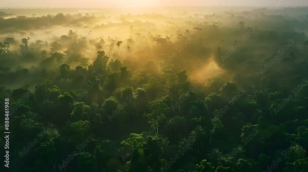 Aerial view of tropical forest at morning sunrise
