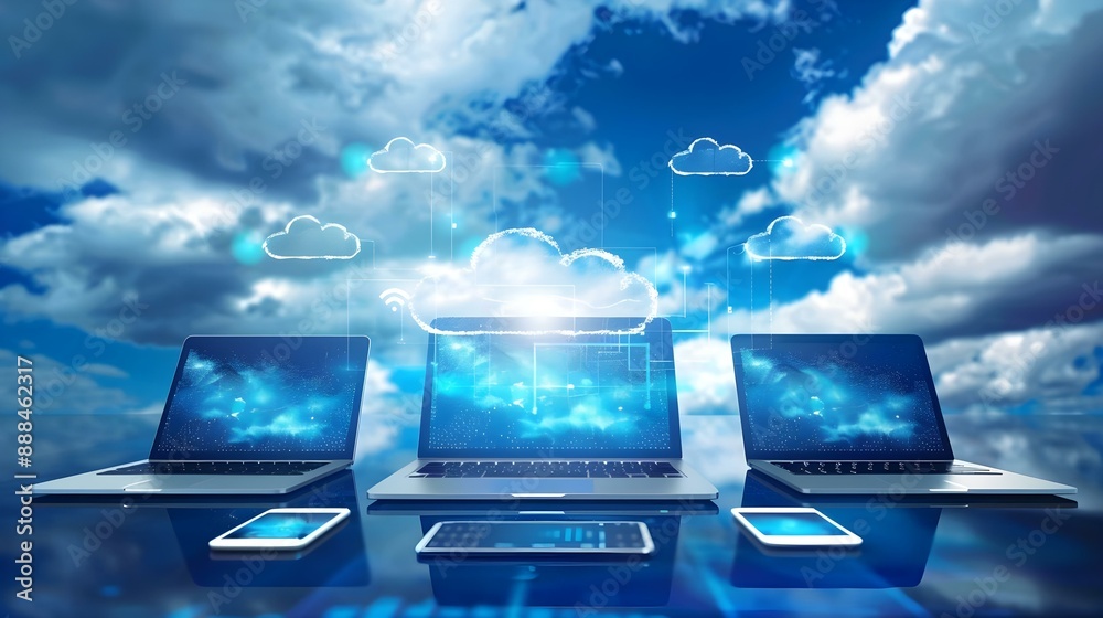 Concept of cloud computing with laptops and tablets Concept of cloud computing with laptops and tablets
