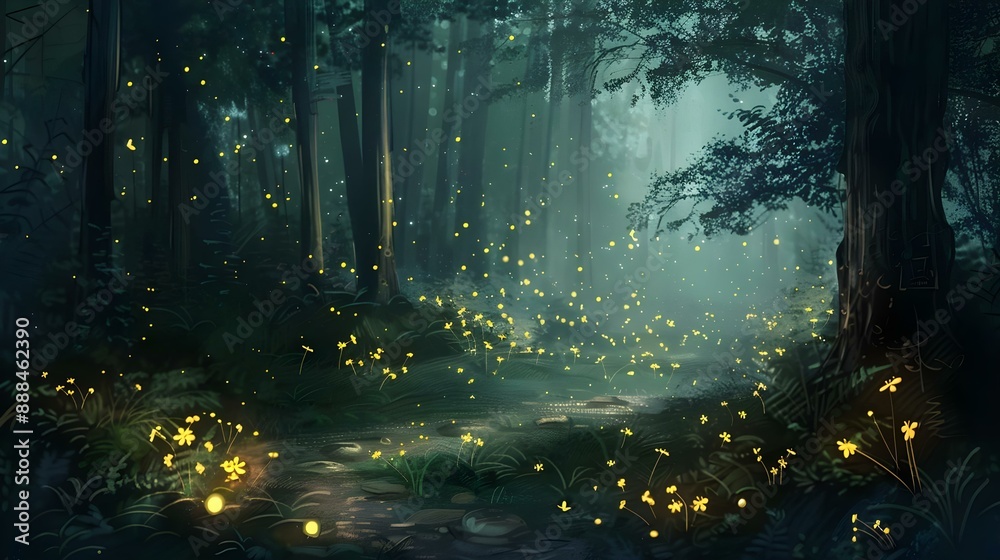 Obraz premium Darkened forest with fireflies emitting ethereal glow