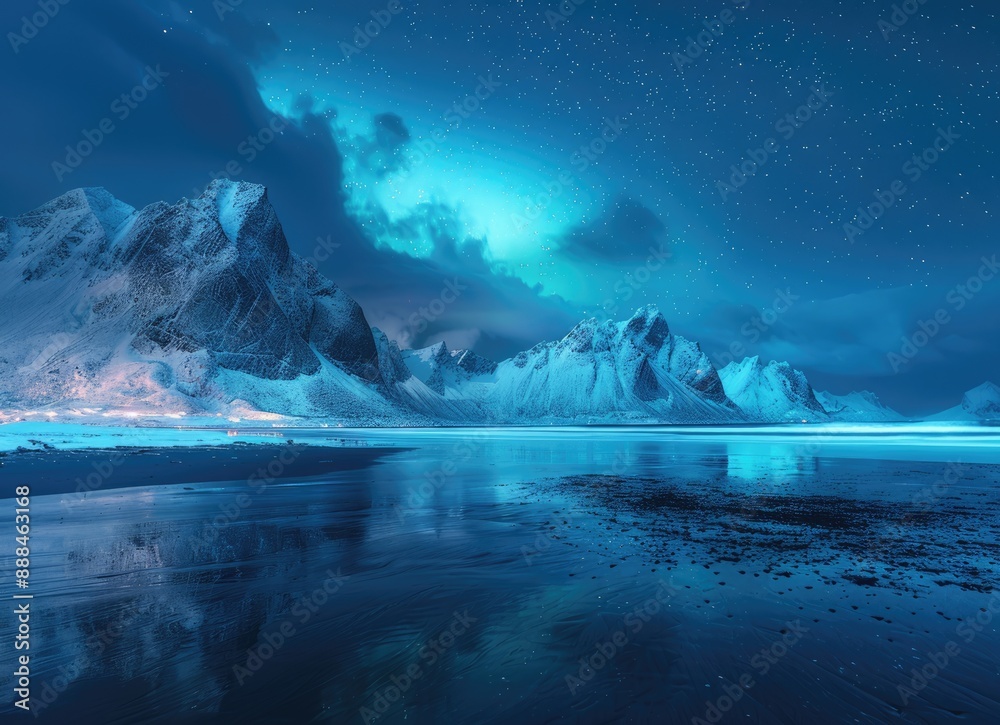 Fototapeta premium Nighttime View of Snow-Covered Mountains with Aurora Borealis