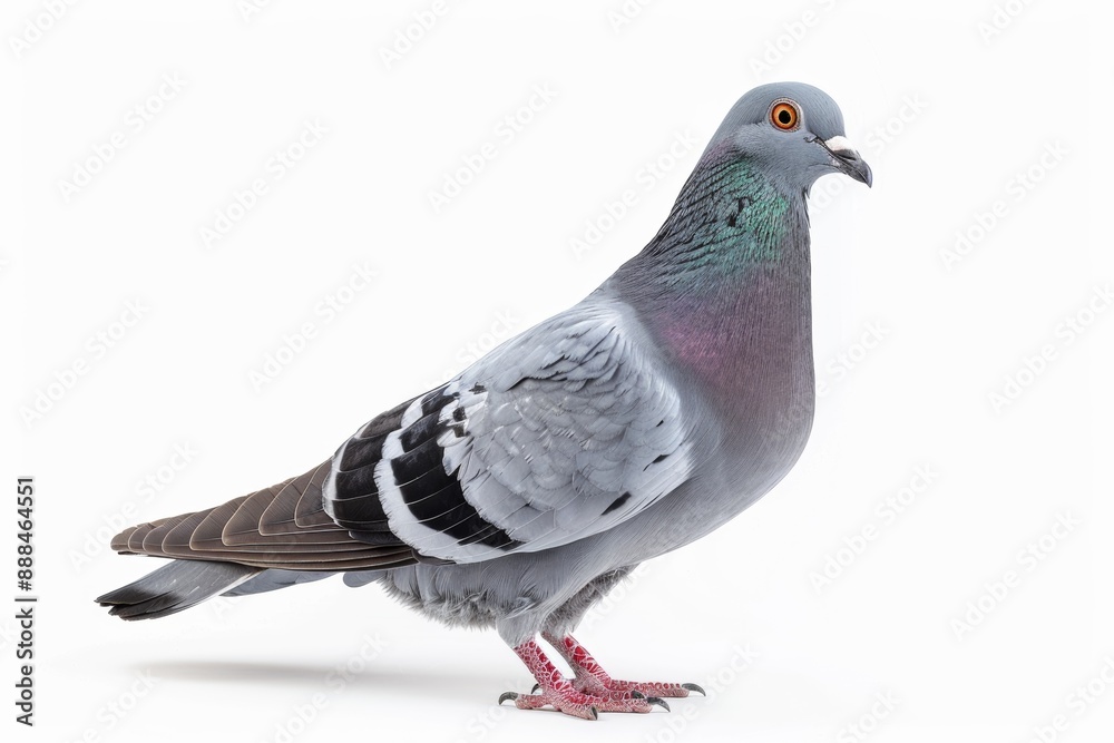 Portrait of a pigeon with grey feathers on a white background, standing in profile. Portrait of a pigeon with grey feathers on a white background, standing in profile.