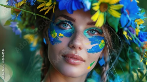 young woman with colorful carnival wreath hat decorated with blue flowers with creative paint on face looking at camera photo