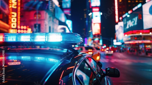 Police car with flashing sirens in Times Square, New York City at night. Concept of law enforcement, crime, emergency, safety, and urban life