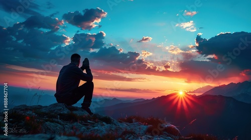 Silhouette of a man praying on a mountain top at sunset. Concepts. faith, religion, spirituality, hope, peace, gratitude, meditation