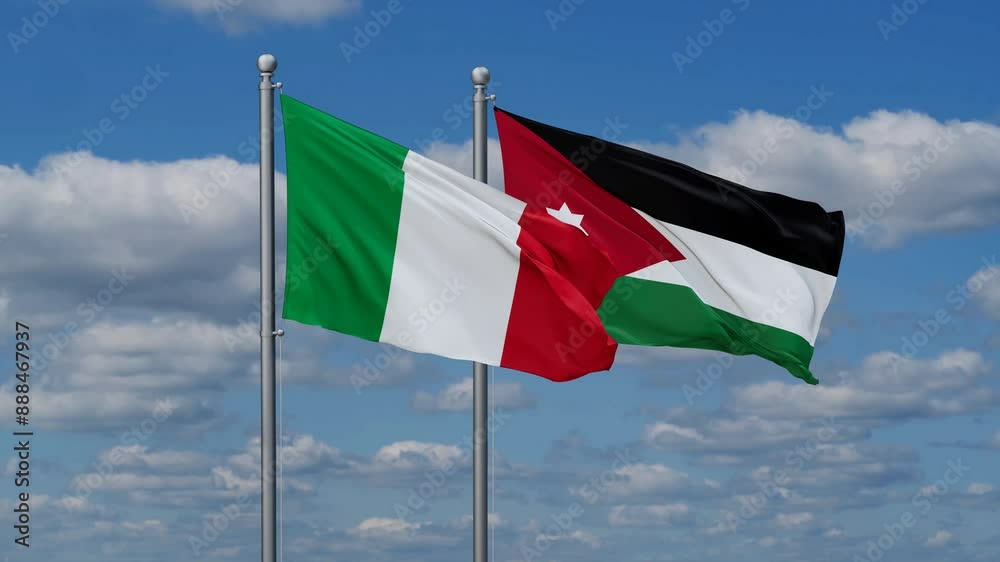 Jordan and Italy flags flying together, video concept of the relationship, two country relations concept Jordan and Italy flags flying together, video concept of the relationship, two country relations concept