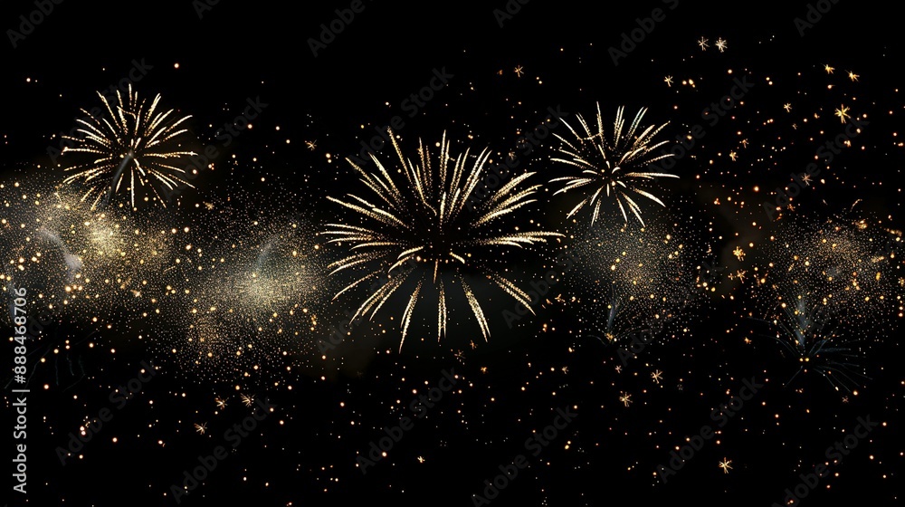 Gold and white fireworks light up New Year’s night with room for text. Gold and white fireworks light up New Year’s night with room for text.