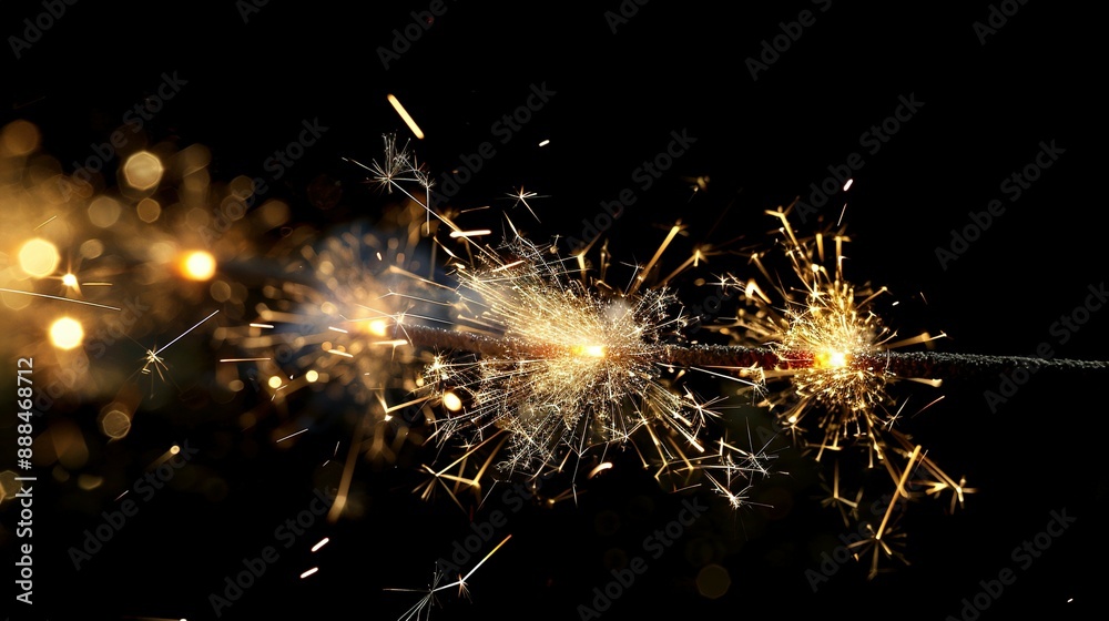 Fototapeta premium Gold and white fireworks light up New Year’s night with room for text.