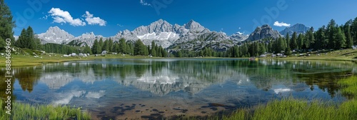 Mountain range reflected in a calm lake with clear skies and surrounding forest