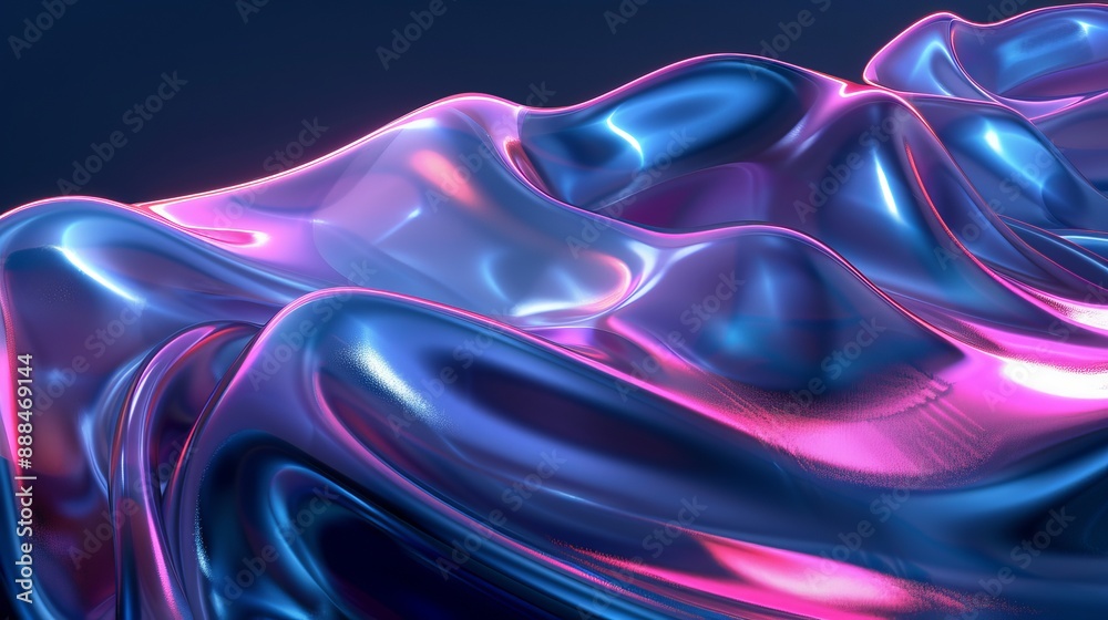 Abstract 3D render of holographic iridescent neon curved waves in motion against a dark background Design element for banners wallpapers and covers