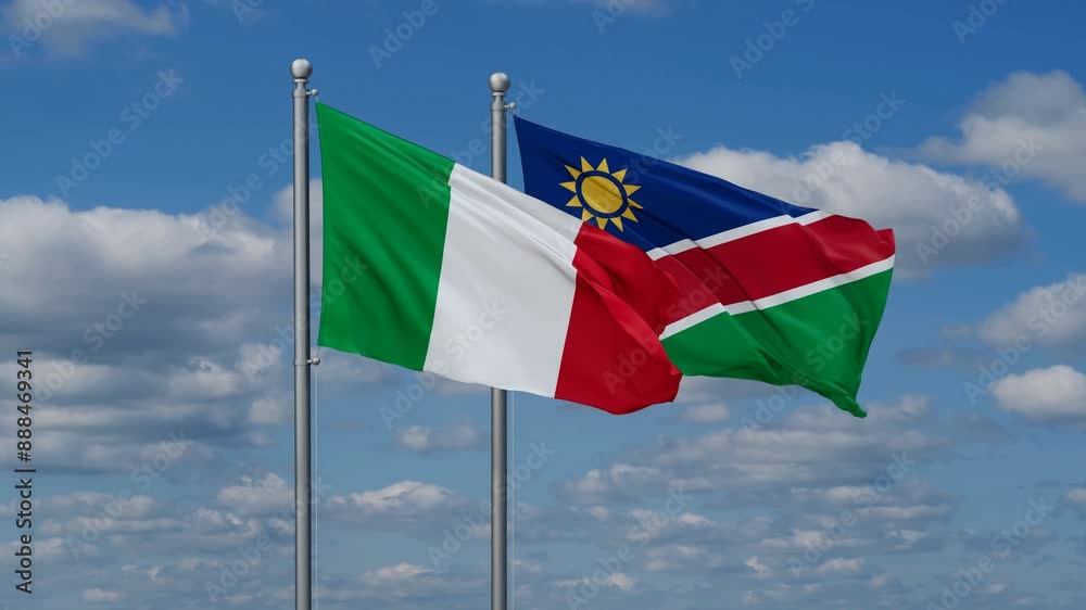 Italy and Namibia flags flying together, video concept of the relationship, two country relations concept Italy and Namibia flags flying together, video concept of the relationship, two country relations concept