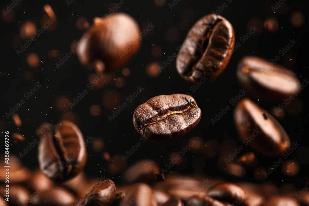 Coffee beans exploding midair, their rich, dark essence and aromatic fragrance creating a dynamic and invigorating burst Coffee beans exploding midair, their rich, dark essence and aromatic fragrance creating a dynamic and invigorating burst
