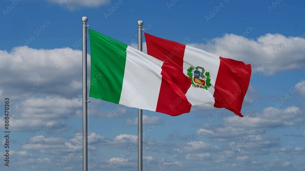 Peru and Italy flags flying together, video concept of the relationship, two country cooperation concept Peru and Italy flags flying together, video concept of the relationship, two country cooperation concept