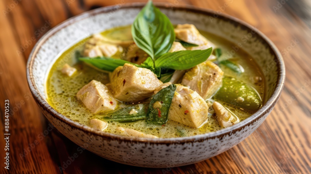 Green Curry midsplash, with chunks of chicken, bamboo shoots, and vibrant green sauce creating a spicy and aromatic burst Green Curry midsplash, with chunks of chicken, bamboo shoots, and vibrant green sauce creating a spicy and aromatic burst