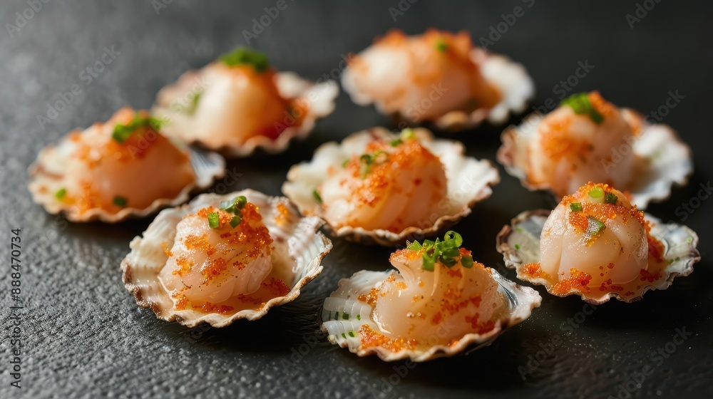 Hotate scallops scattering, highlighting their tender, sweet, and succulent texture in a dynamic and luxurious display Hotate scallops scattering, highlighting their tender, sweet, and succulent texture in a dynamic and luxurious display
