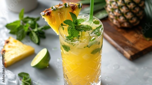 Refreshing Pineapple Mojito Cocktail with Fresh Mint and Lime