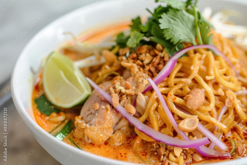 Khao Soi in motion, with crispy noodles, tender chicken, and rich coconut curry broth separating in a flavorful and comforting burst Khao Soi in motion, with crispy noodles, tender chicken, and rich coconut curry broth separating in a flavorful and comforting burst