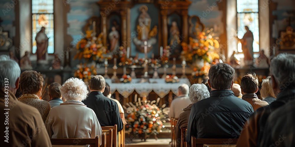 Congregation gathered in a church for a religious service, celebrating harvest and thanksgiving. Congregation gathered in a church for a religious service, celebrating harvest and thanksgiving.