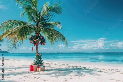Fototapeta Naklejka Na Ścianę i Meble -  A palm tree with a christmas tree on top of it is on a beach