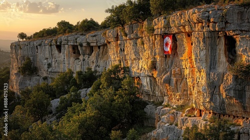 Sunset Over Ancient Cliffside Caves in Turkey photo