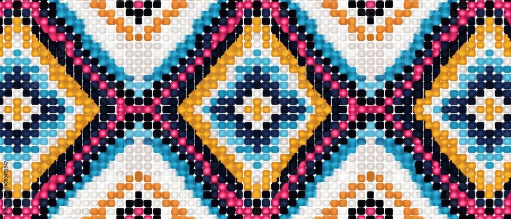Vibrant ethnic geometric fabric pattern in cross stitch, featuring bold zigzag lines in red, black, and white Vibrant ethnic geometric fabric pattern in cross stitch, featuring bold zigzag lines in red, black, and white