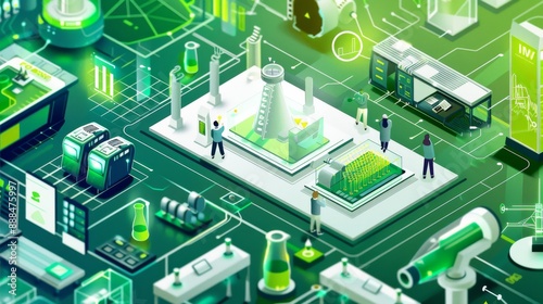 An abstract illustration of a green innovation lab with scientists conducting research on biofuels and sustainable materials © Groom