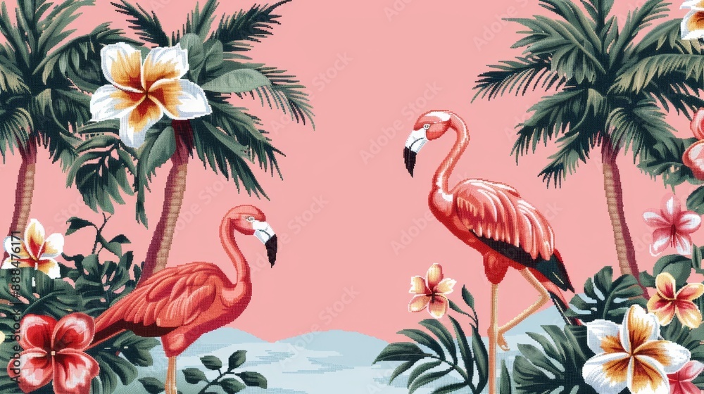 Fototapeta Vibrant, tropical cross-stitch border with palm trees, flowers, and exotic birds