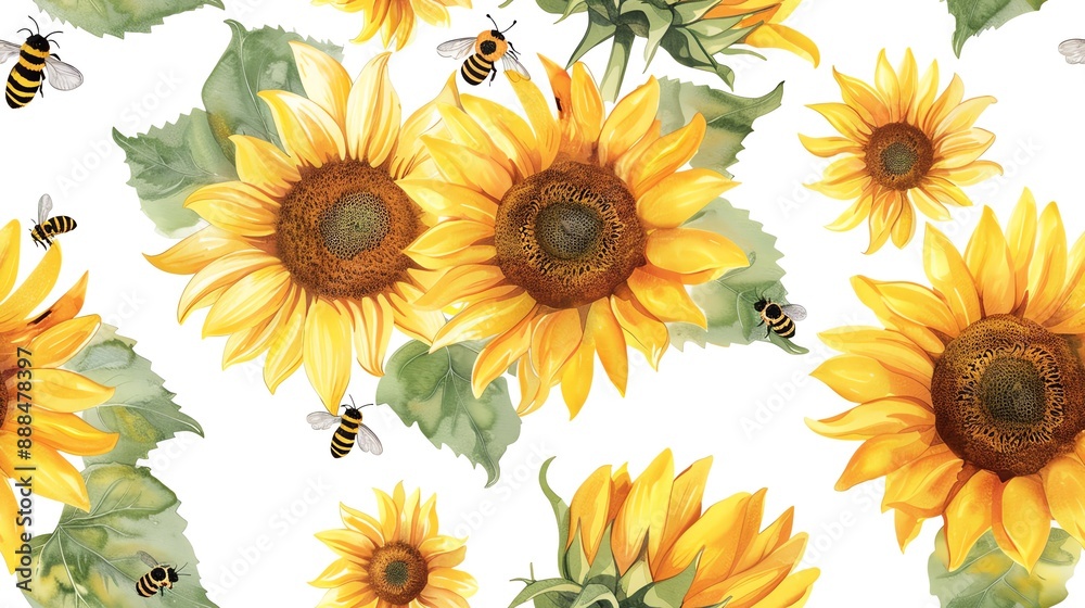 Design a seamless pattern of sunflowers with bees buzzing around Design a seamless pattern of sunflowers with bees buzzing around
