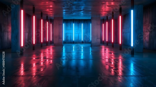 Abstract blue and red glowing neon light tubes